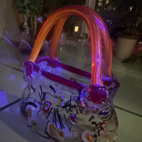 Murano Style Millefiori Purse Art Glass Vase Red Handle - Picture 4 of 5